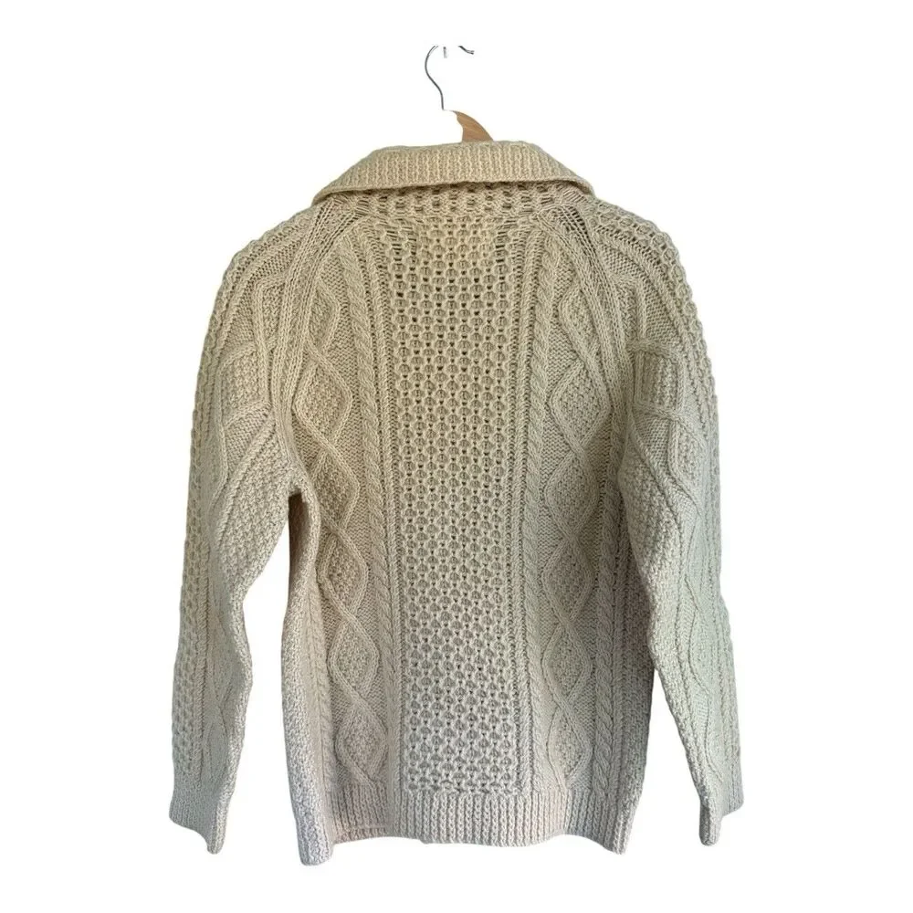 Kinvara Cream Button Front Virgin Wool Fisherman Handknit Irish Cardigan Chunky